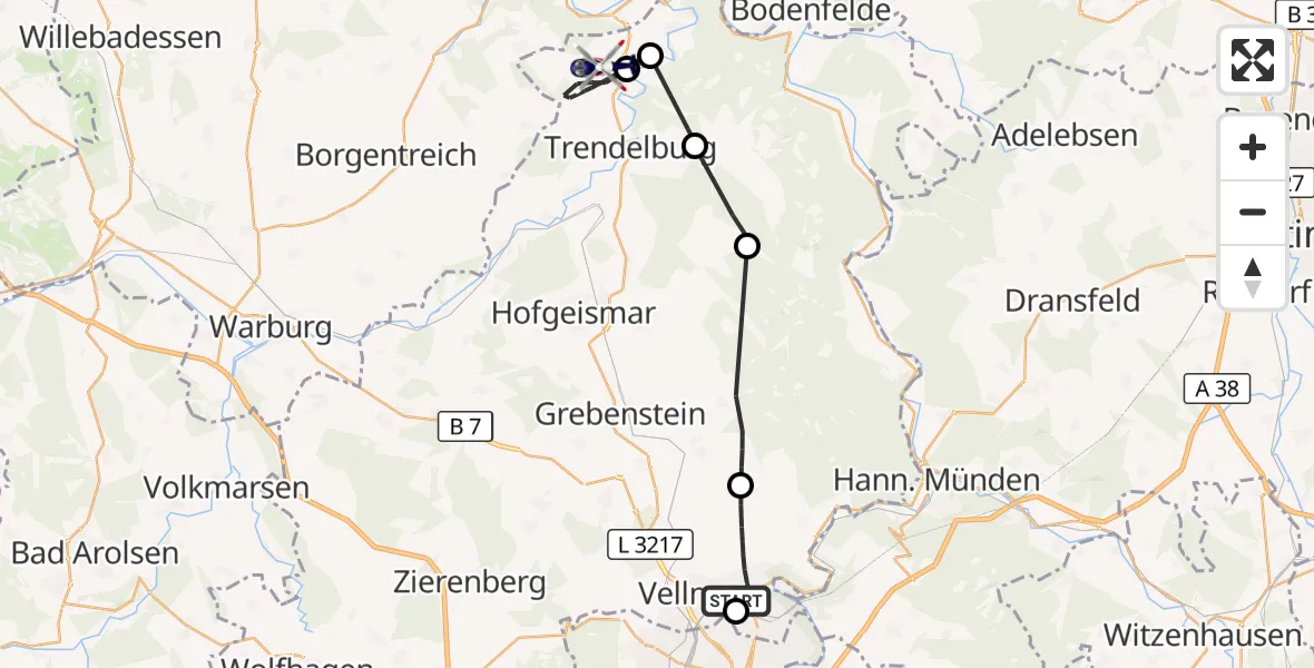 Flugroute Polizeihubschrauber Fuldatal Bundespolizei Hubschrauberlandeplatz - Hölleberg Flugplatz, 05 Juni 2026, 09:35