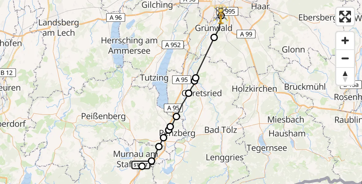 Flugroute Rettungshubschrauber Murnau a.Staffelsee - ADAC Air Rescue Center Hubschrauberlandeplatz (Christoph 1), 05 Juni 2026, 09:35