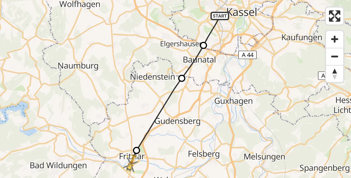 Flugroute Rettungshubschrauber Kassel - Fritzlar Army Flugplatz, 05 Juni 2026, 09:40