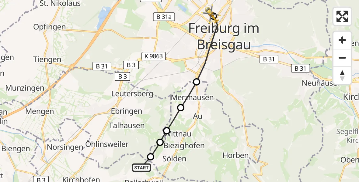 Flugroute Rettungshubschrauber Bollschweil - Freiburg University Hospital Heliport 2, 05 Juni 2026, 09:52