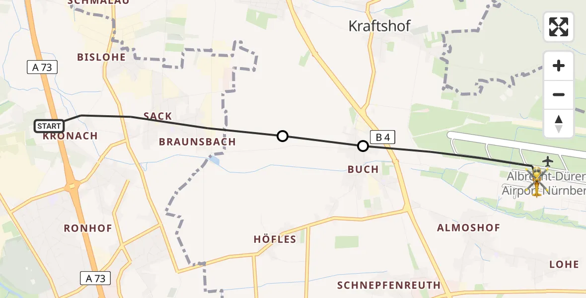 Flugroute Ambulanzhubschrauber Fürth - Flughafen Nuremberg, 05 Juni 2026, 09:59