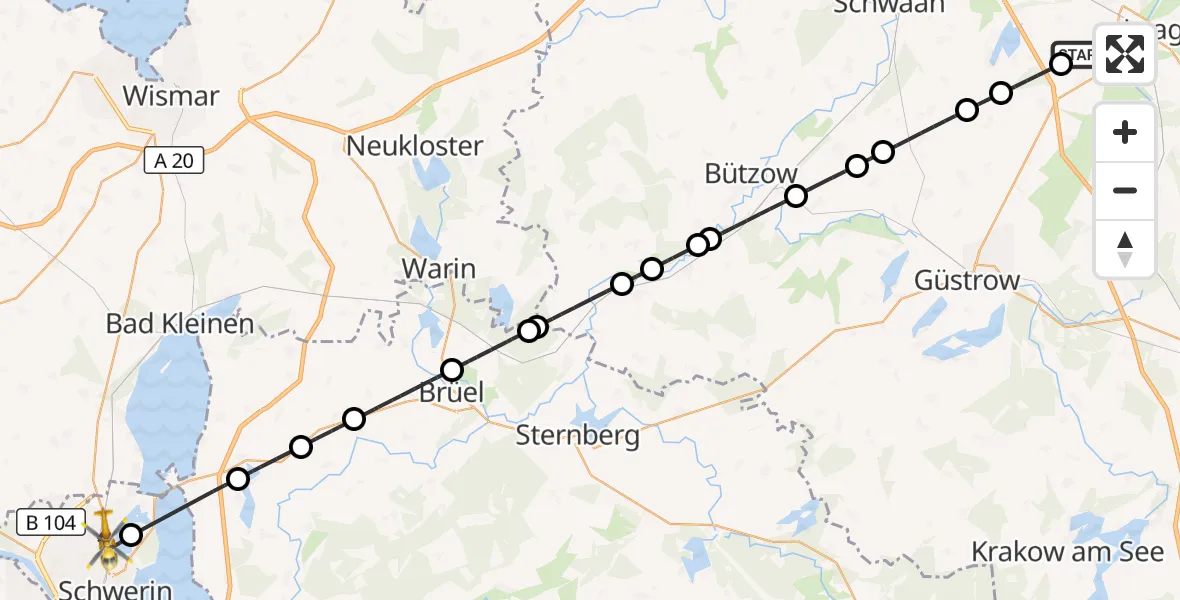 Flugroute Rettungshubschrauber Flughafen Rostock-Laage - Schwerin, 05 Juni 2026, 09:59