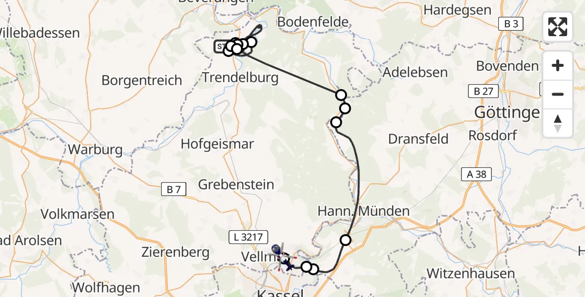 Flugroute Polizeihubschrauber Hölleberg Flugplatz - Fuldatal Bundespolizei Hubschrauberlandeplatz, 05 Juni 2026, 10:02