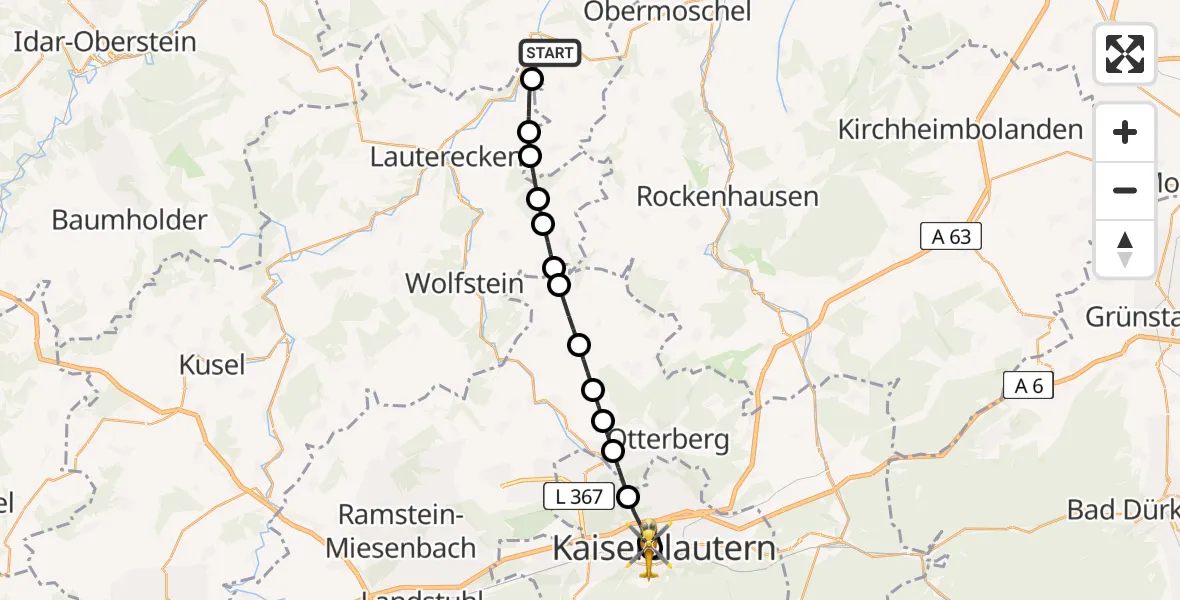 Flugroute Rettungshubschrauber Meisenheim - Westpfalz Hospital Kaiserslautern, 05 Juni 2026, 10:07