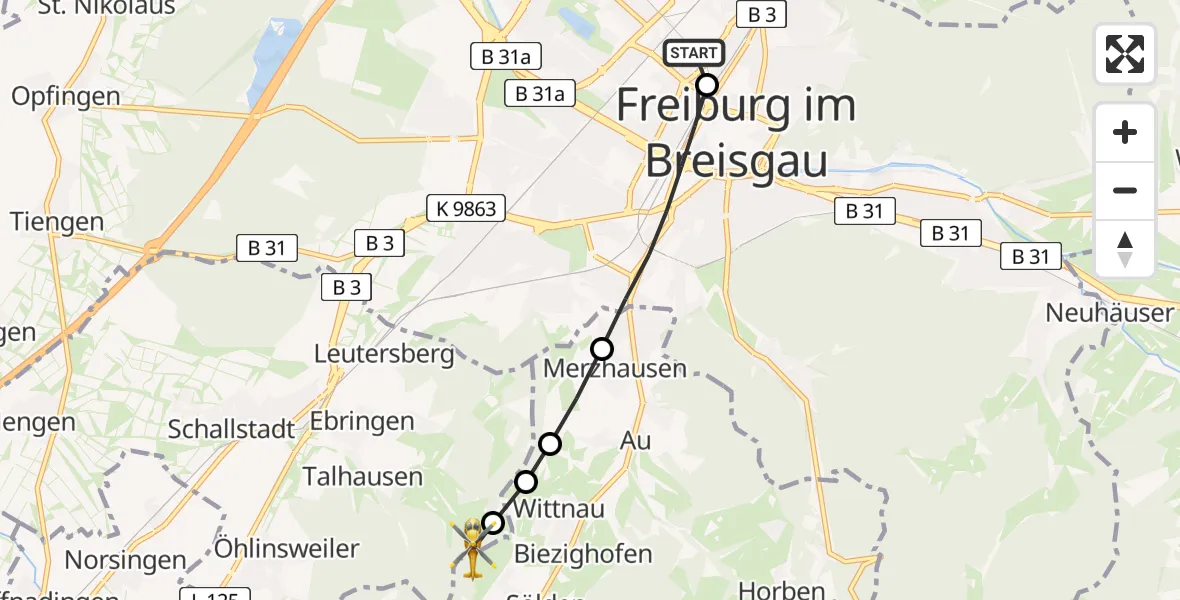 Flugroute Rettungshubschrauber Freiburg University Hospital Heliport 2 - Ebringen, 05 Juni 2026, 10:08