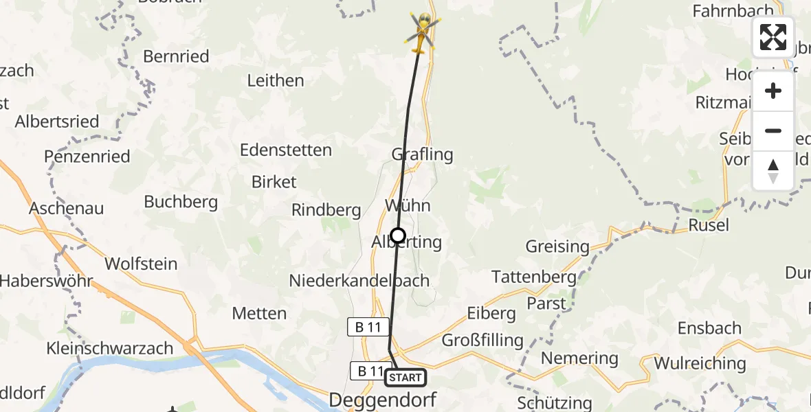Flugroute Rettungshubschrauber Deggendorf - Grafling, 05 Juni 2026, 10:14