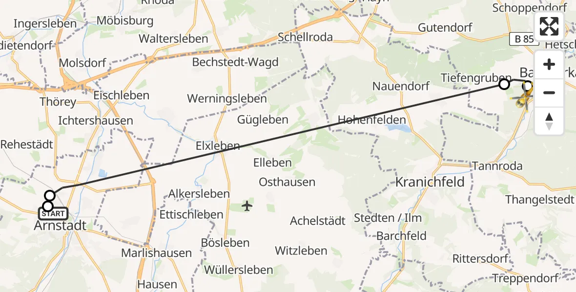 Flugroute Ambulanzhubschrauber Ilm District Hospital Arnstadt-Ilmenau - Bad Berka Central Hospital, 05 Juni 2026, 10:22