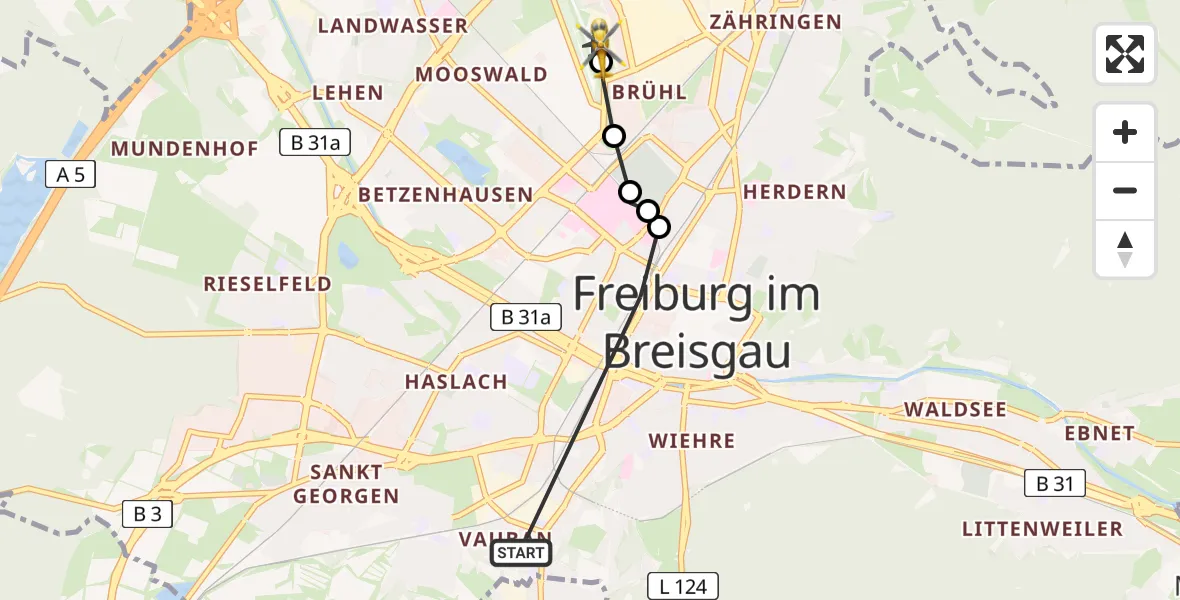 Flugroute Rettungshubschrauber Freiburg im Breisgau - Freiburg im Breisgau Flugplatz, 05 Juni 2026, 10:30