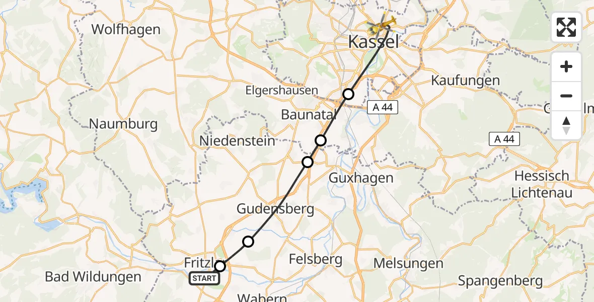Flugroute Rettungshubschrauber Fritzlar Army Flugplatz - Kassel, 05 Juni 2026, 10:30