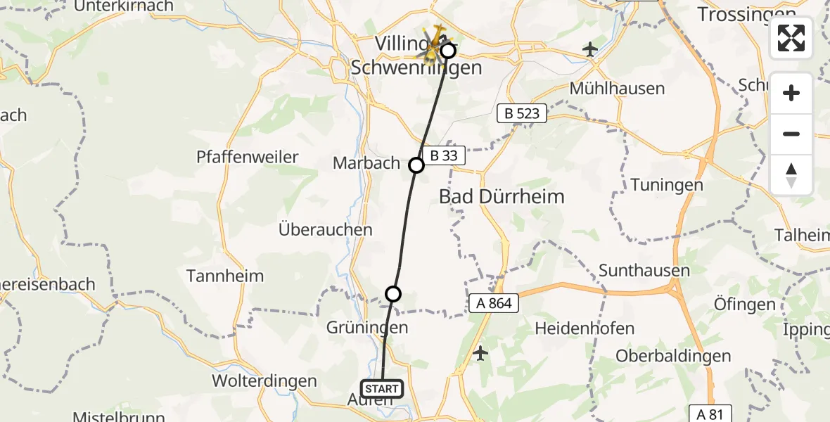 Flugroute Ambulanzhubschrauber Donaueschingen - DRF Air Rescue Station Villingen-Schwenningen Hubschrauberlandeplatz (Christoph 11), 05 Juni 2026, 10:36