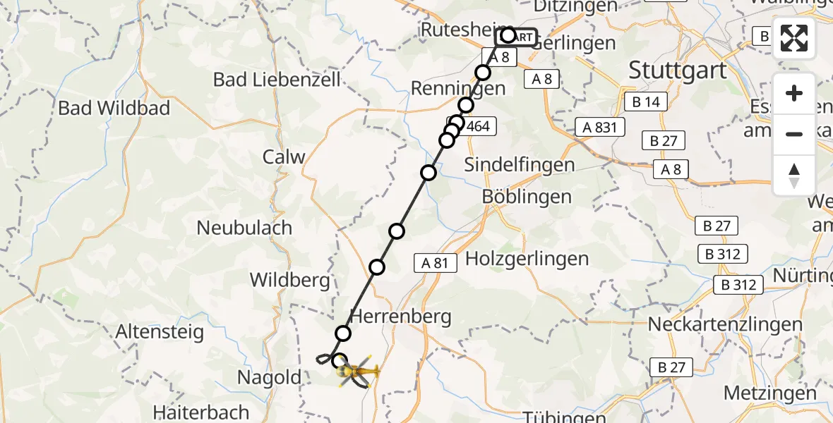 Flugroute Rettungshubschrauber Leonberg Hospital - Gäufelden, 05 Juni 2026, 10:40