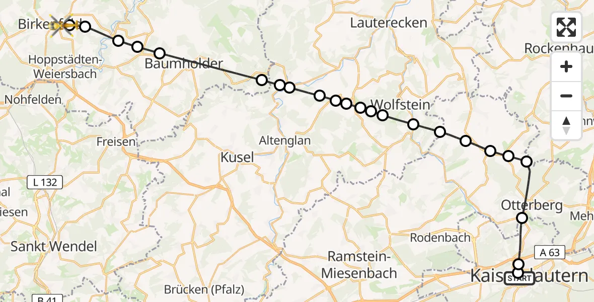 Flugroute Rettungshubschrauber Westpfalz Hospital Kaiserslautern - Birkenfeld, 05 Juni 2026, 10:42
