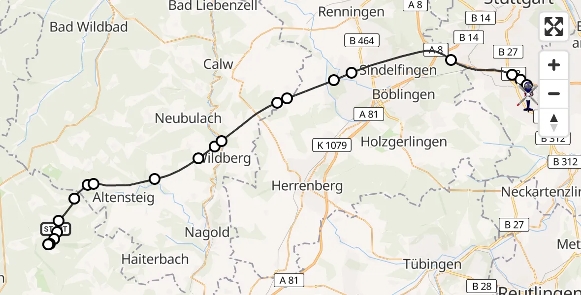 Flugroute Polizeihubschrauber Grömbach - Flughafen Stuttgart, 05 Juni 2026, 10:44