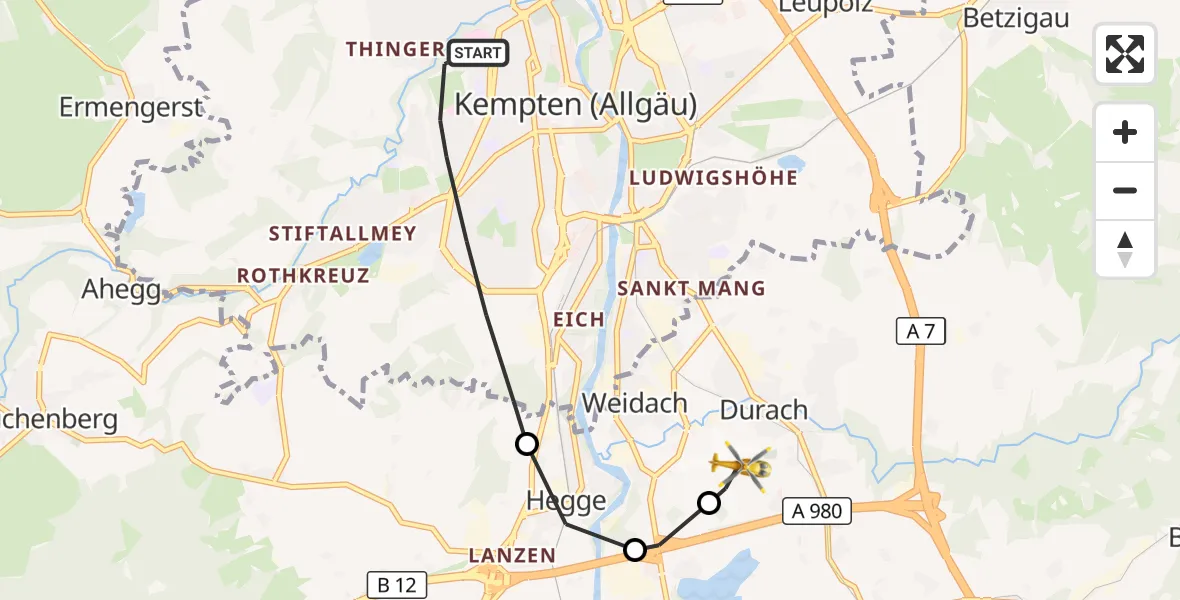 Flugroute Rettungshubschrauber Kempten (Allgäu) - Kempten-Durach Flugplatz, 05 Juni 2026, 10:45
