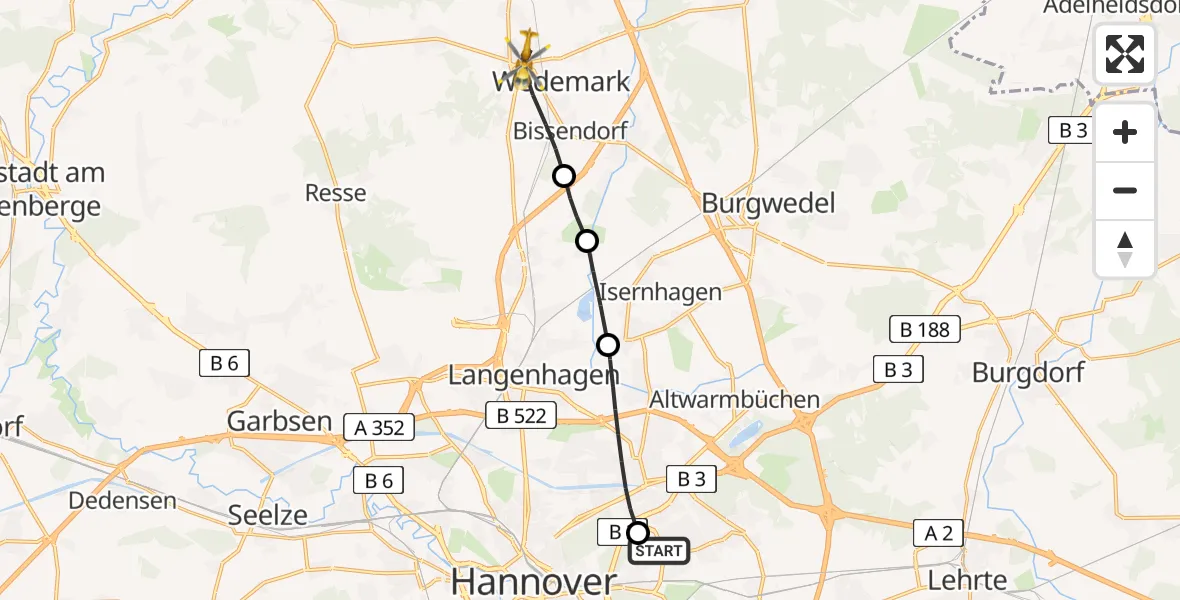 Flugroute Rettungshubschrauber Hannover Luftrettung Hubschrauberlandeplatz (Christoph 4) - Wedemark, 05 Juni 2026, 10:46