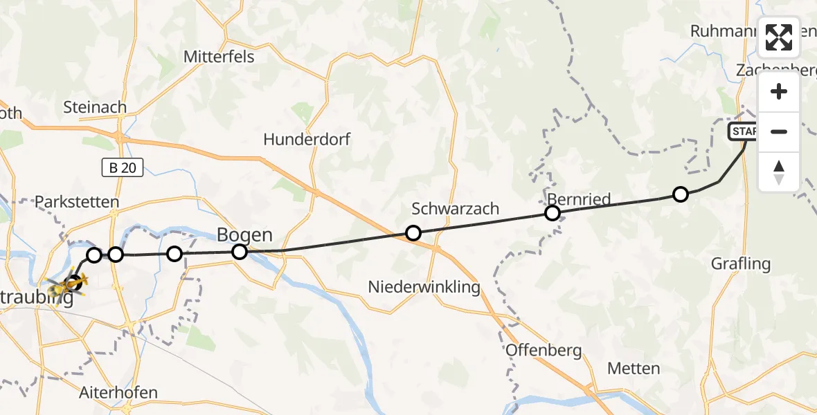 Flugroute Rettungshubschrauber Grafling - Sankt Elisabeth Hospital Straubing, 05 Juni 2026, 10:47