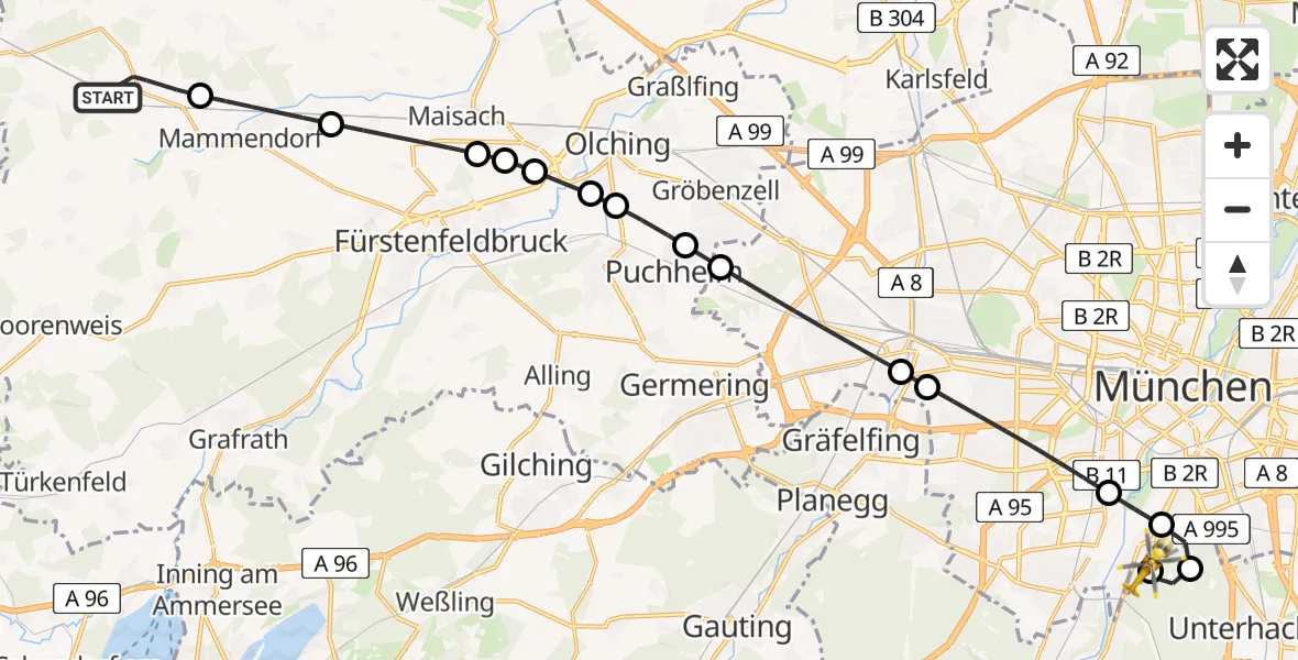 Flugroute Rettungshubschrauber Hattenhofen - ADAC Air Rescue Center Hubschrauberlandeplatz (Christoph 1), 05 Juni 2026, 10:54