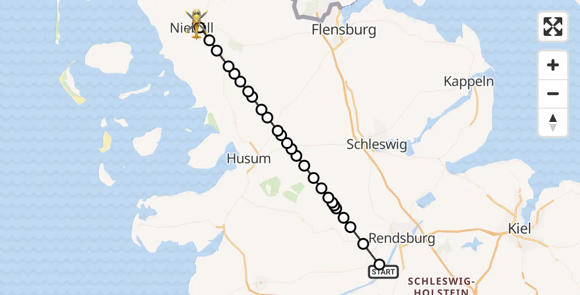 Flugroute Ambulanzhubschrauber Hörsten - Niebüll, 05 Juni 2026, 10:54