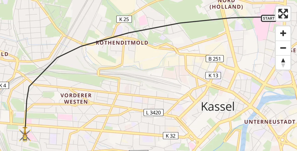 Flugroute Rettungshubschrauber Kassel - Kassel, 05 Juni 2026, 11:10