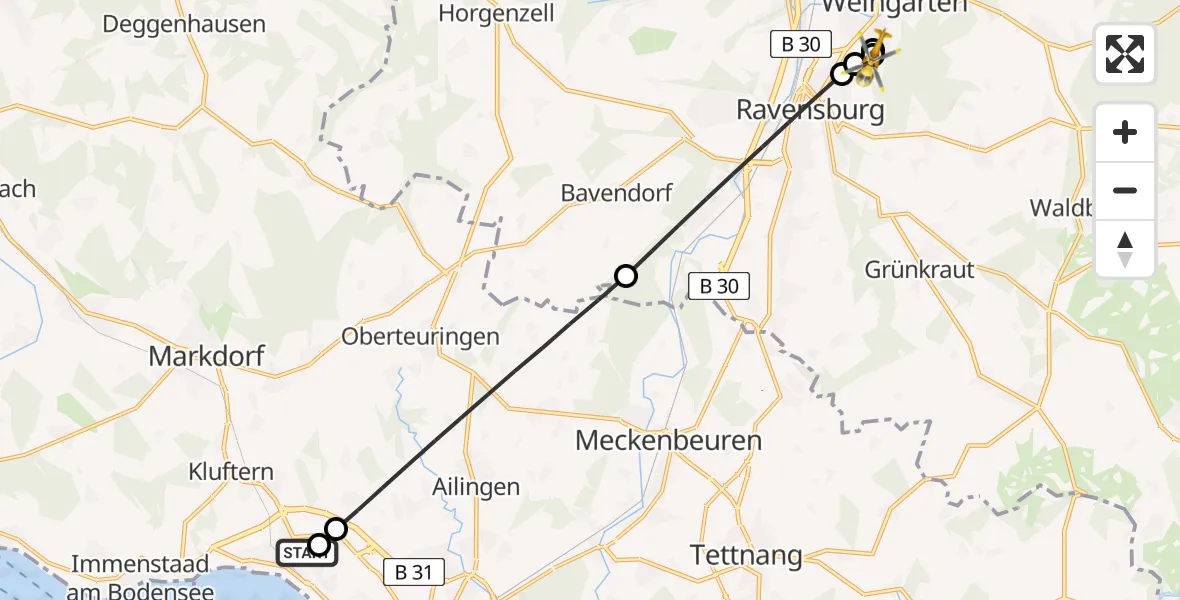 Flugroute Rettungshubschrauber Friedrichshafen Hospital - Ravensburg, 05 Juni 2026, 11:15