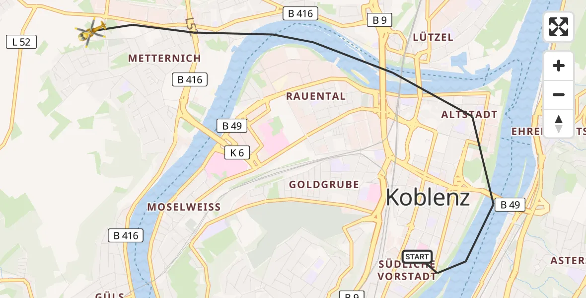 Flugroute Rettungshubschrauber Koblenz - Koblenz, 05 Juni 2026, 11:18