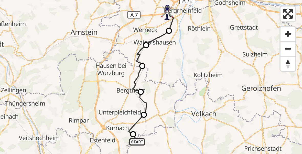 Flugroute Polizeihubschrauber Dettelbach - Bergrheinfeld, 05 Juni 2026, 11:20