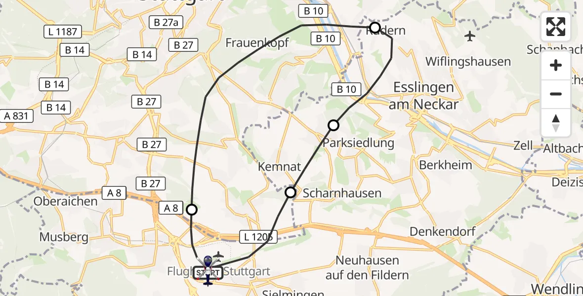 Flugroute Polizeihubschrauber Flughafen Stuttgart - Flughafen Stuttgart, 05 Juni 2026, 11:32