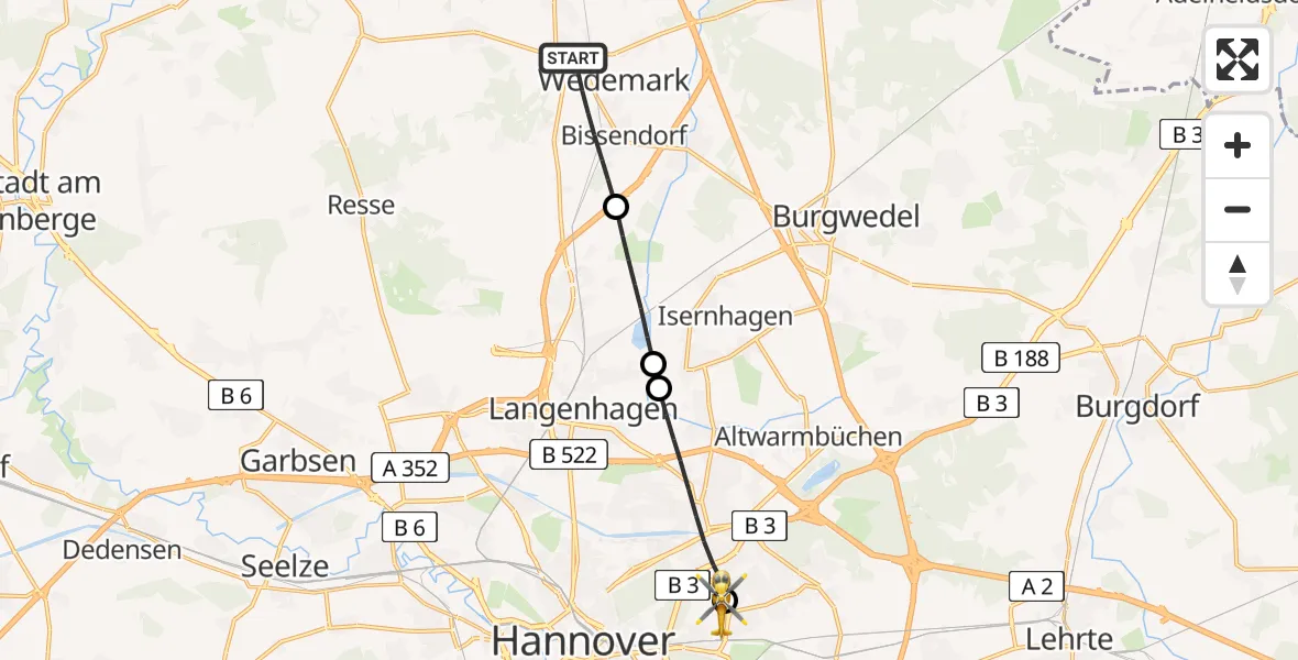 Flugroute Rettungshubschrauber Wedemark - Hannover Luftrettung Hubschrauberlandeplatz (Christoph 4), 05 Juni 2026, 11:33
