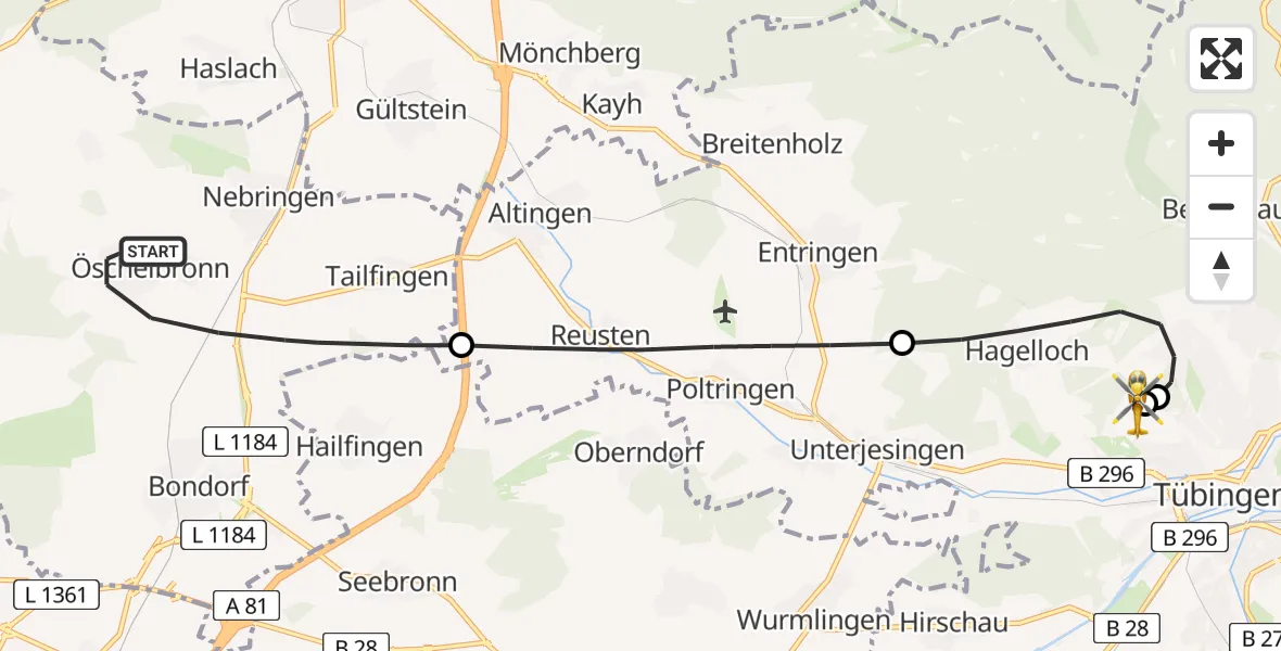 Flugroute Rettungshubschrauber Gäufelden - Tübingen Trauma Hospital, 05 Juni 2026, 11:33