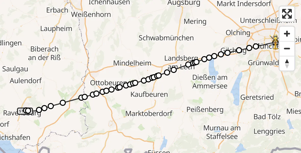 Flugroute Rettungshubschrauber Ravensburg - München Bogenhausen Hospital, 05 Juni 2026, 11:50