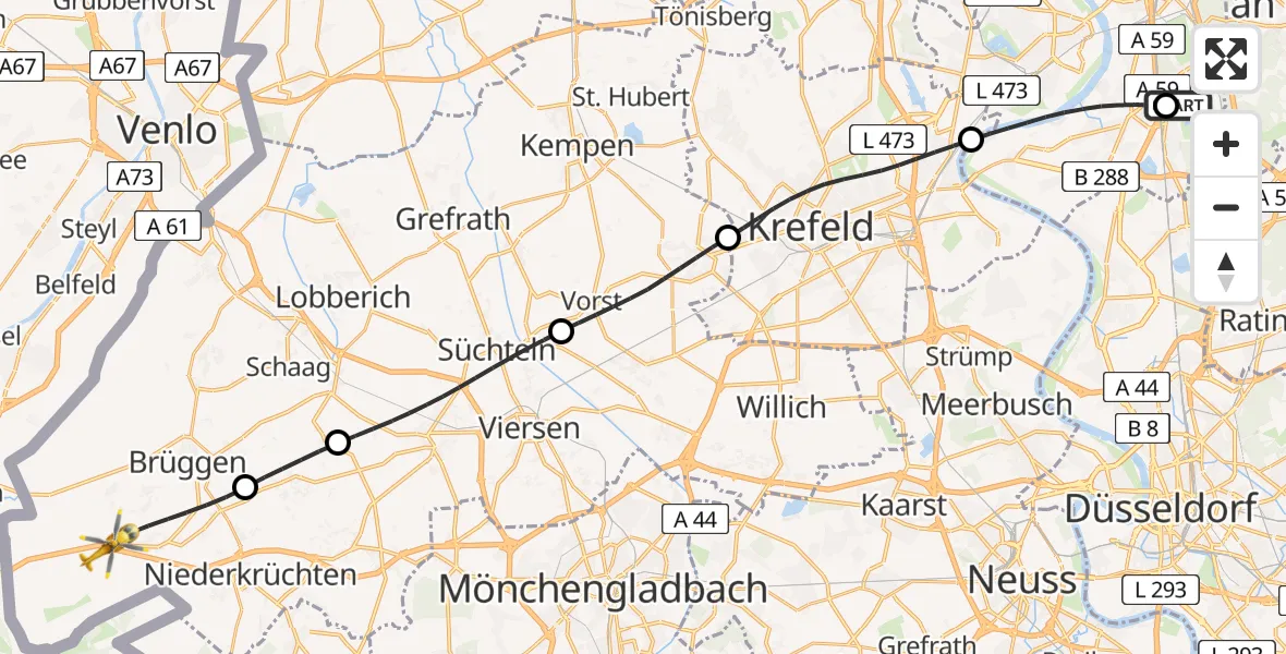 Flugroute Rettungshubschrauber Duisburg Air Rescue Hubschrauberlandeplatz (Christoph 9) - Niederkrüchten, 05 Juni 2026, 11:57
