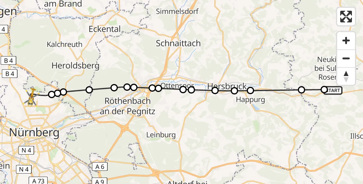 Flugroute Ambulanzhubschrauber Neukirchen b.Sulzbach-Rosenberg - Flughafen Nuremberg, 05 Juni 2026, 12:00