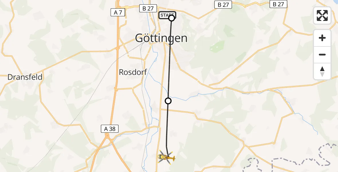 Flugroute Rettungshubschrauber Göttingen University Clinic Hubschrauberlandeplatz - Friedland, 05 Juni 2026, 12:07