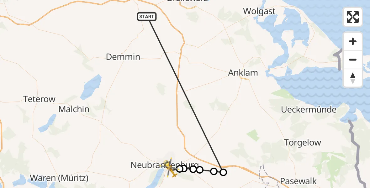 Flugroute Rettungshubschrauber Süderholz - Neubrandenburg, 05 Juni 2026, 12:14