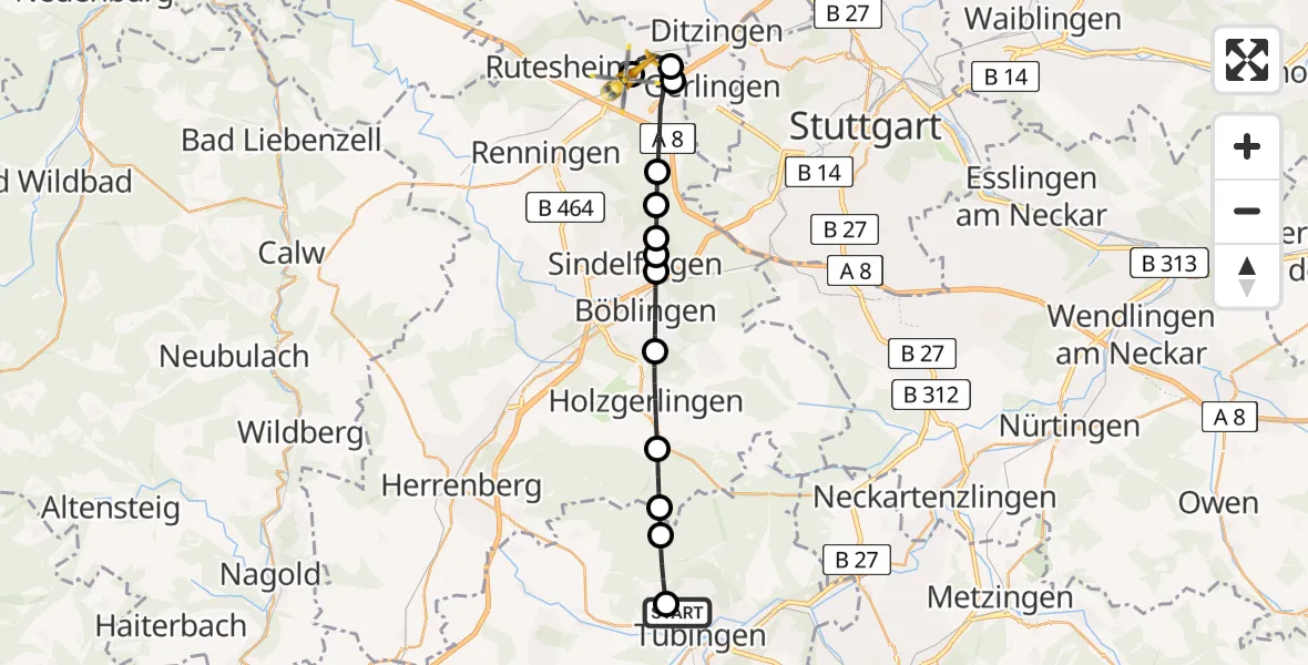 Flugroute Rettungshubschrauber Tübingen Trauma Hospital - Leonberg Hospital, 05 Juni 2026, 12:18