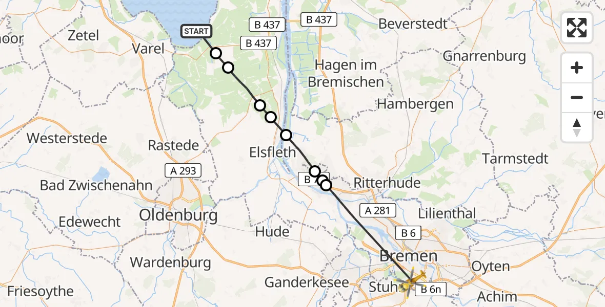 Flugroute Rettungshubschrauber Jade - ADAC Air Rescue Station Bremen Hubschrauberlandeplatz (Christoph 6), 05 Juni 2026, 12:33