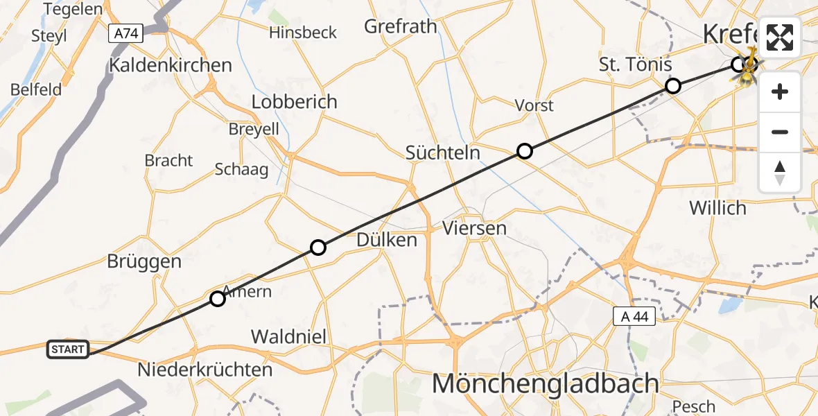 Flugroute Rettungshubschrauber Niederkrüchten - Helios Clinic Krefeld, 05 Juni 2026, 12:34