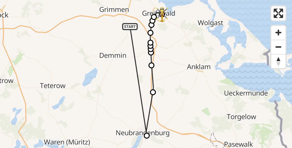 Flugroute Rettungshubschrauber Süderholz - Greifswald Hospital, 05 Juni 2026, 12:42