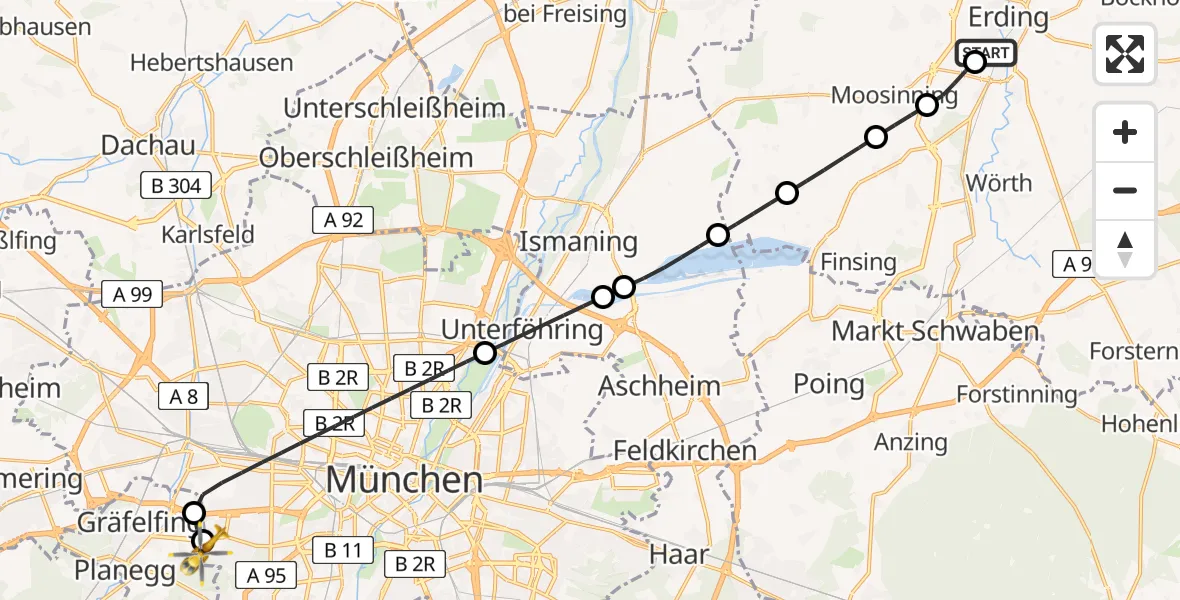 Flugroute Rettungshubschrauber Erding District Hospital - DRF Air Rescue München Hubschrauberlandeplatz, 05 Juni 2026, 12:53