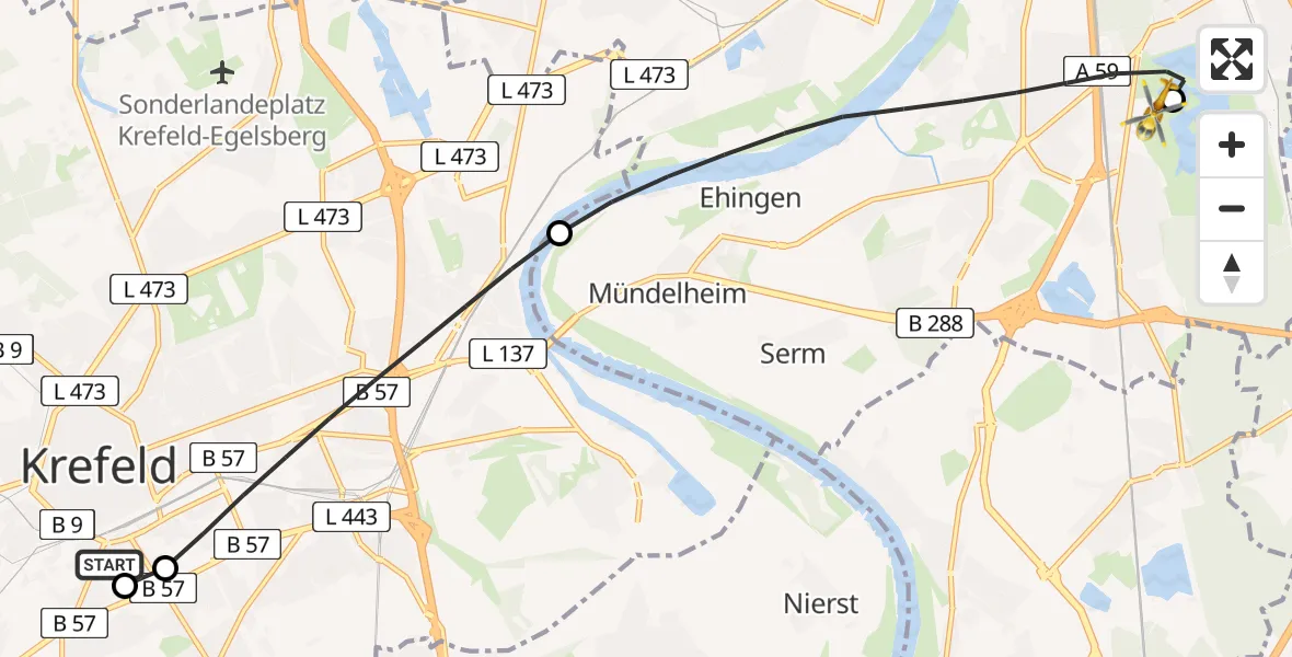Flugroute Rettungshubschrauber Helios Clinic Krefeld - Duisburg Air Rescue Hubschrauberlandeplatz (Christoph 9), 05 Juni 2026, 13:05