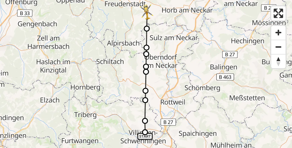 Flugroute Ambulanzhubschrauber DRF Air Rescue Station Villingen-Schwenningen Hubschrauberlandeplatz (Christoph 11) - Glatten, 05 Juni 2026, 13:06