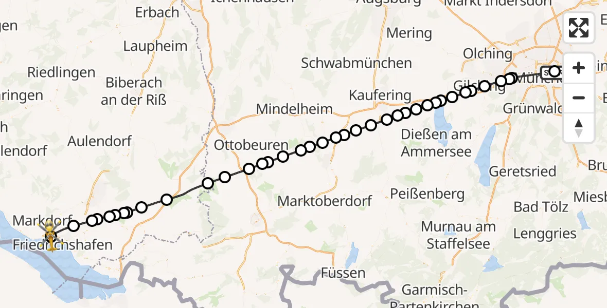 Flugroute Rettungshubschrauber München Bogenhausen Hospital - Friedrichshafen Hospital, 05 Juni 2026, 13:15