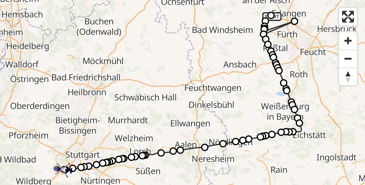Flugroute Polizeihubschrauber Herzogenaurach - Böblingen, 05 Juni 2026, 13:17