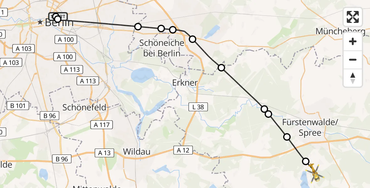 Flugroute Rettungshubschrauber Vivantes Freidrichshain Clinic - Bad Saarow, 05 Juni 2026, 13:22