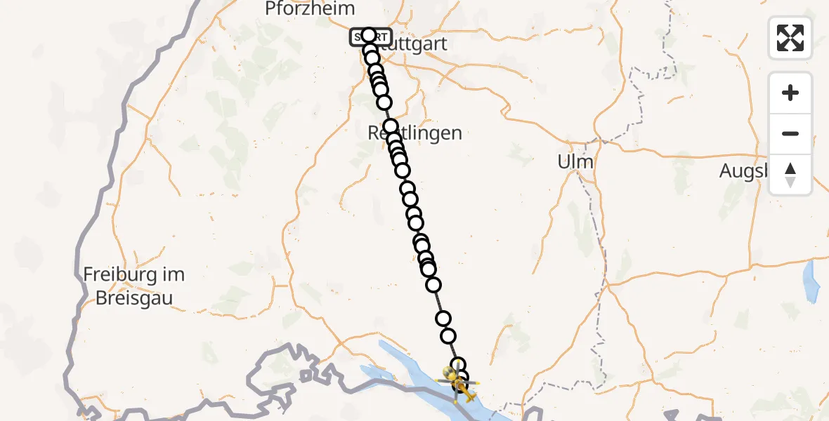 Flugroute Rettungshubschrauber Leonberg Hospital - Friedrichshafen Hospital, 05 Juni 2026, 13:25