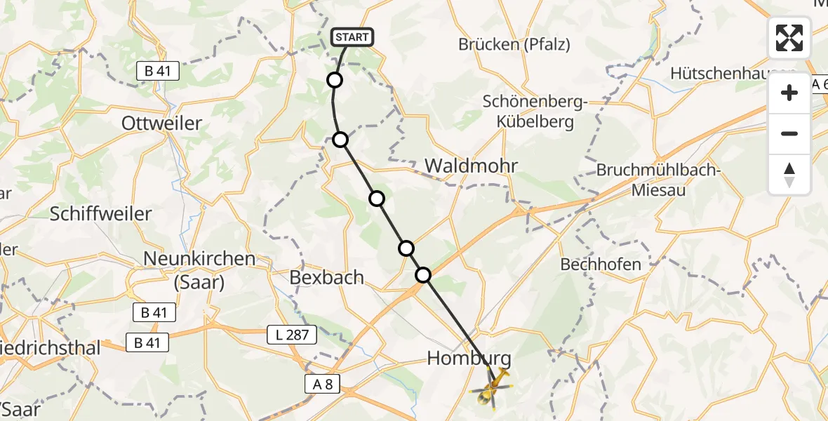 Flugroute Rettungshubschrauber Breitenbach - Homburg, 05 Juni 2026, 13:28