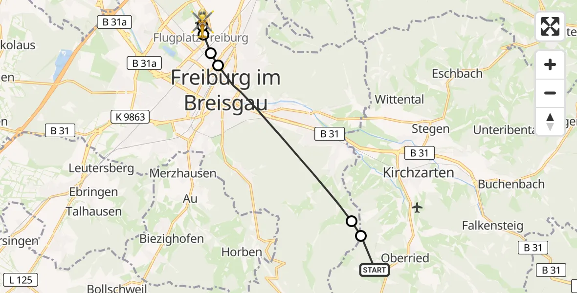 Flugroute Rettungshubschrauber Oberried - Freiburg im Breisgau Flugplatz, 05 Juni 2026, 13:34