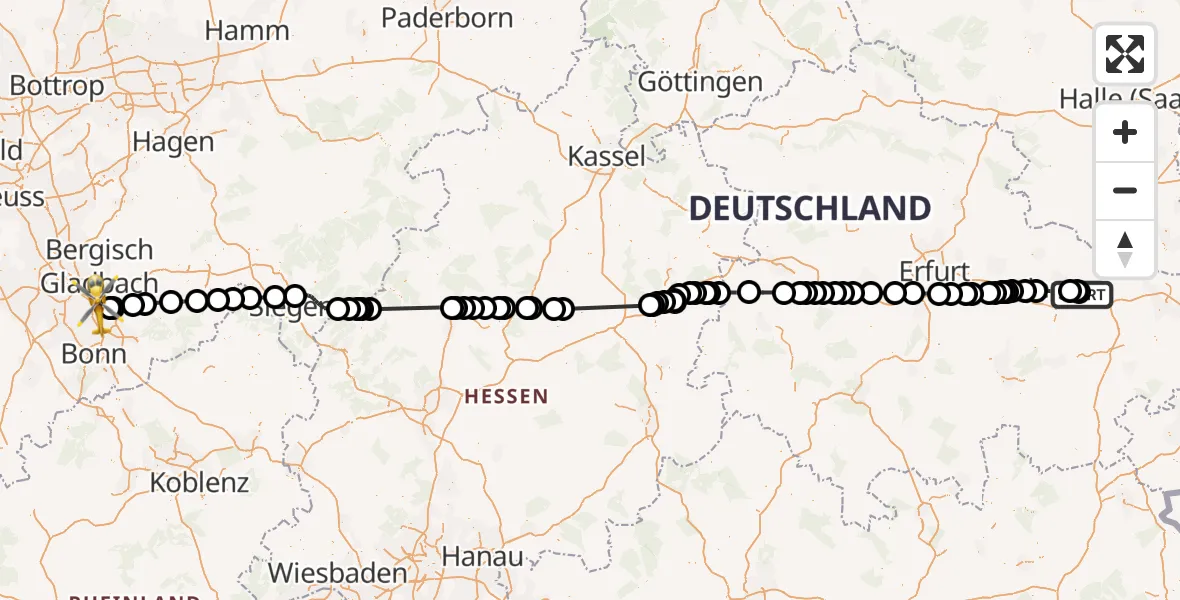 Flugroute Rettungshubschrauber Jena-Schöngleina Flugplatz - Köln Bonn Flughafen, 05 Juni 2026, 13:34