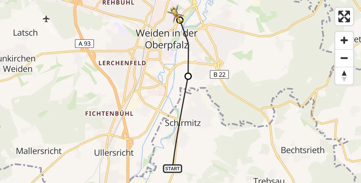 Flugroute Rettungshubschrauber Schirmitz - Weiden Hospital, 05 Juni 2026, 13:48