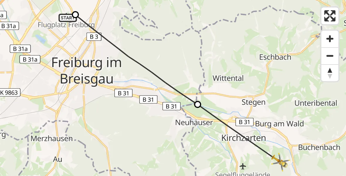 Flugroute Rettungshubschrauber Freiburg im Breisgau Flugplatz - Kirchzarten, 05 Juni 2026, 13:58
